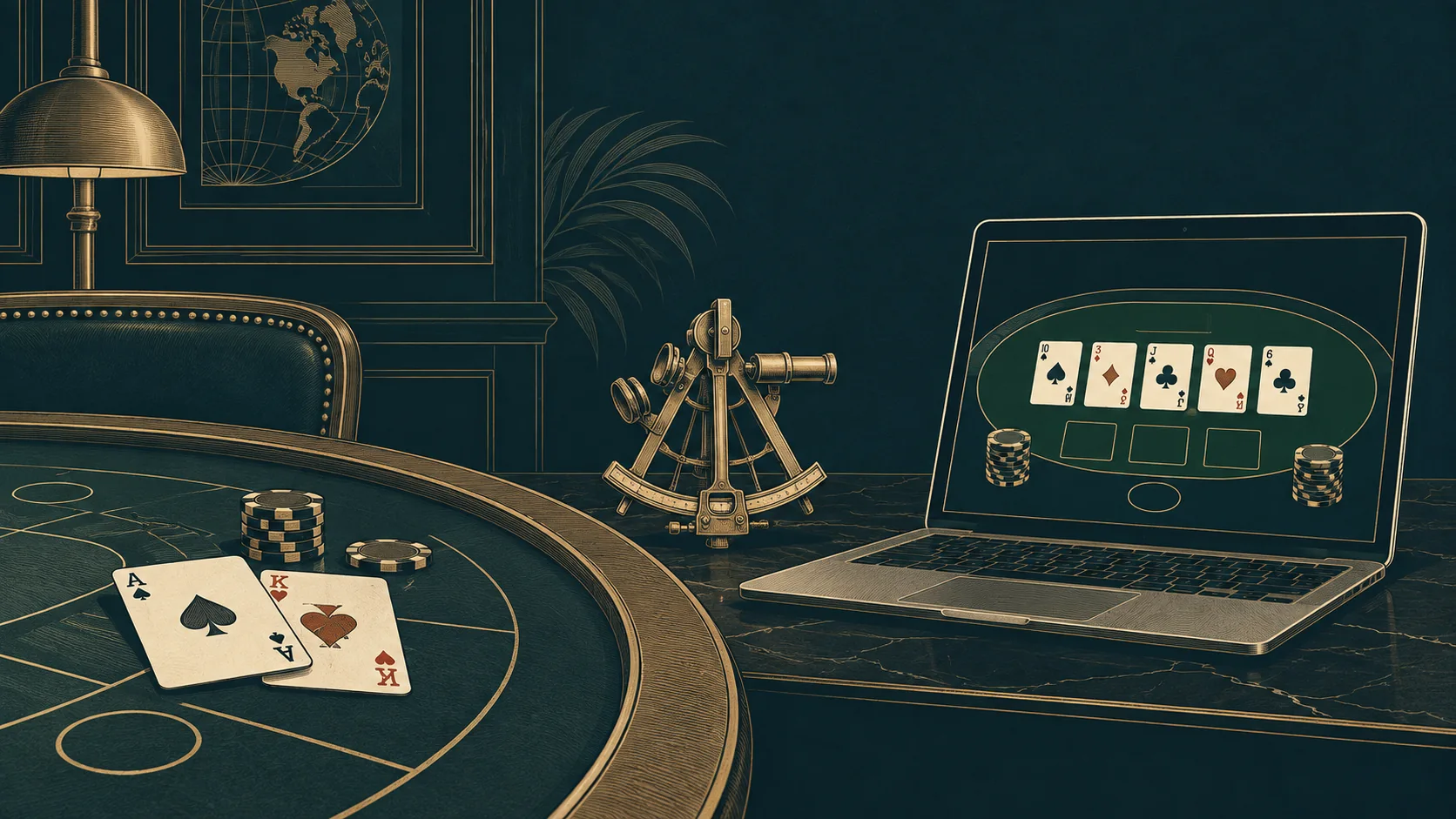 Engraved casino table, laptop and brass sextant in navy and ivory