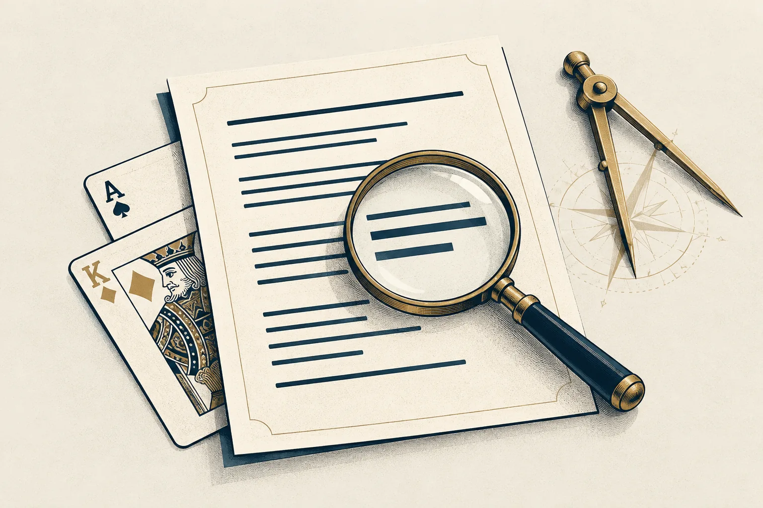 Magnifying glass over terms, with playing cards and brass navigation dividers