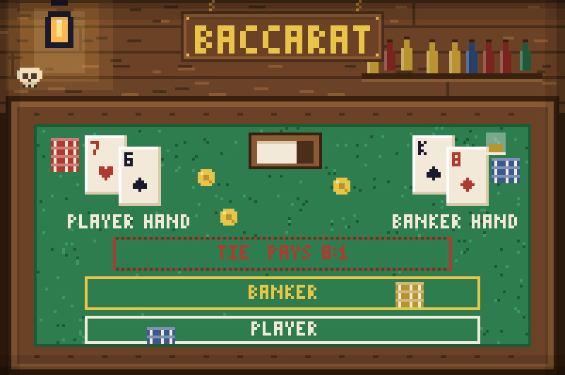 Pixel-art baccarat table with a Player hand of 7 and 6, a Banker hand of king and 8, and Banker, Player, and Tie betting boxes